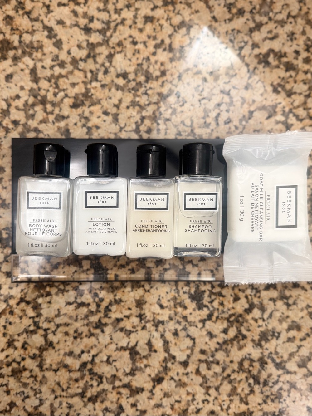 Beekman 1802 Fresh Air Travel Bath Set — White Bottles & Soap
